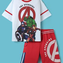 Pine Kids Marvel Single Jersey Knit Half Drop Shoulder Sleeves T-Shirt & Cut & Sew Shorts Set With Avengers Graphics - White & Red-image-96