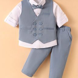 Mark & Mia Cotton Woven Full Sleeves Solid Color 3 Pieces Party Suit with Bow - Light Grey-image-55
