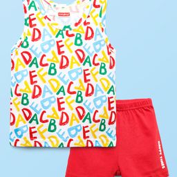 Babyhug 100% Cotton Knit Sleeveless Sando Vest & Shorts Set With Alphabet Print - White & Red-image-83