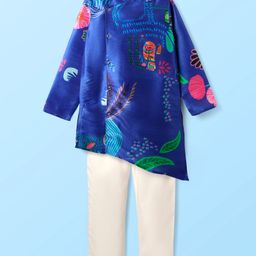 Pine Kids Woven Full Sleeves Kurta Pajama Set with Tropical Theme Print - Blue & White-picture-14