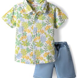 Babyhug Single Jersey Knit Half Sleeves Shirt & Shorts Set With Tropical Theme Print - Light Green & Light Blue-image-75