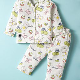 Enfance Core Cotton Woven Full Sleeves Bunny & Bow Printed Coordinating Night Suit Set - Green-image-15