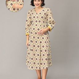 The Mom Store Rayon Three Fourth Sleeves Abstract Printed Maternity Dress With Nursing Access - Multi Colour-image-27