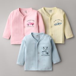 CUCUMBER Sinker Knit Full Sleeves Front Open Vest with Car Print Pack of 3 - Yellow Pink & Light Blue-image-52