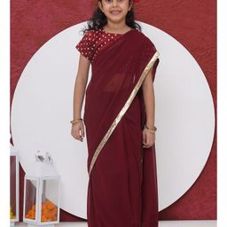 Little Bansi Georgette Woven Lace Detailed Wrap Around Saree With Half Sleeves Floral Embroidered Ready Made Blouse - Maroon-picture-40