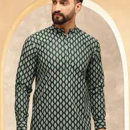 Anouk Green Ethnic Motifs Printed Band Collar Kurta-20