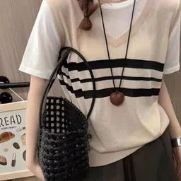 KPOP Women V-Neck Short Sleeves Horizontal Stripes Pure Cotton Top-image-40