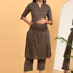 GOLDSTROMS Women Ethnic Motifs Printed Pure Cotton Maternity Kurta with Trousers-image-79
