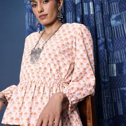 Taavi Floral Bagru Printed Puff Sleeve Pure Cotton Wrap Top-image-50