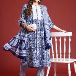 Anouk Paisley Printed Regular Thread Work Pure Cotton Kurta With Trousers & Dupatta image 5