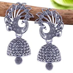 MEENAZ Set Of 3 Silver-Plated Peacock Shaped Oxidised Jhumkas-18