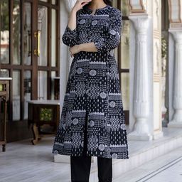 Pistaa Geometric Printed Mandarin Collar Pure Cotton A-Line Kurta with Trouser-26