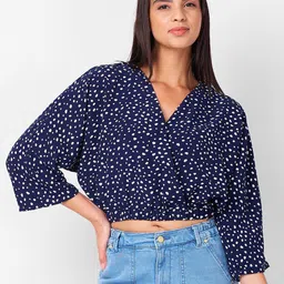 IZEL Polka Dot Print Bell Sleeve Crop Top-picture-24
