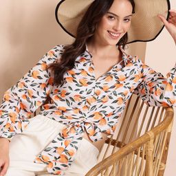 Mast & Harbour Print Puff Sleeve Shirt Style Crop Top-picture-11