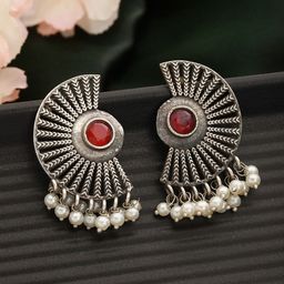 Jazz and Sizzle Silver-Plated Stone-Studded & Beaded Oxidised Crescent Shaped Studs-image-81