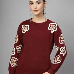 Mafadeny Women Floral Embroidered Round Neck Pullover-picture-20