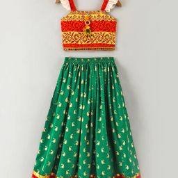 Twisha Cap Sleeves Floral Printed Top With Fish Printed Lehenga - Orange & Green-image-76