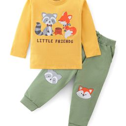 Babyhug 100% Cotton Knit Full Sleeves T-Shirt & Lounge Pant Animals Print - Yellow & Green-image-17