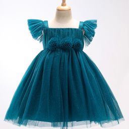 Bluebell Net DC Sleeveless Party Frock With Floral Corsage - Blue-2
