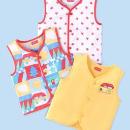 Babyhug 100% Cotton Sleeveless Front Open Jhabla Camp Theme Print Pack Of 3 - Yellow & White-picture-33