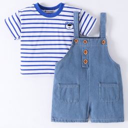 Kookie Kids Dungaree and Half Sleeves Striped T-Shirt - Blue-18
