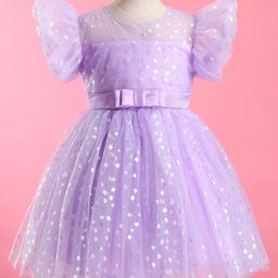 Mark & Mia Woven Half Sleeves Party Frock with Heart Glitter Print & Bow Applique - Purple-image-21
