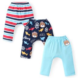 Babyhug Cotton Knit Full Length Striped Diaper Leggings Shark Print  Pack of 3 - Multicolour-picture-16