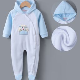 Kookie Kids Full Sleeves Winter Wear Hooded Footed Romper with Sheep Embroidery - Blue & White-image-59