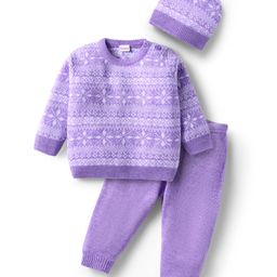 Babyhug Knit Full Sleeves Sweater Set with Cap Aztec Design - Lilac-image-58