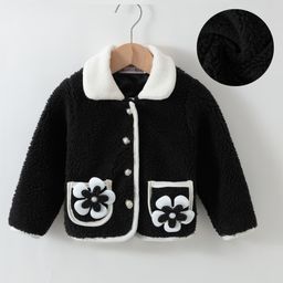 Kookie Kids Full Sleeves Front Open Collar Neck Fur Winter Jacket With Floral Applique - Black-image-21