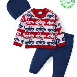 Babyhug Cotton Knit Full Sleeves Sweater Set with Cap & Vehicles Design - Red-image-69