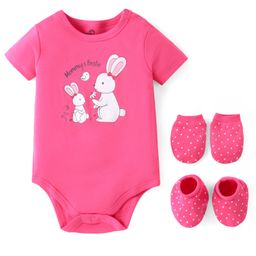 Doodle Poodle Cotton Interlock Knit Half Sleeves Onesie With Mittens & Booties Mama & Baby Bunny Print - Pink & White-image-7