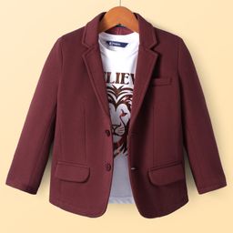 Pine Kids Knit Full Sleeves Solid Color Blazer with Half Sleeves Lion Printed T-Shirt - Maroon-image-19