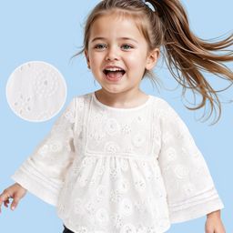 Babyhug Rayon Woven Full SleevesTop with Schifli Detailing Solid Colour - White-image-17