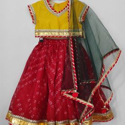 BYB Premium Cotton Kota bandhani printed skirt and silk top and dupatta set - Maroon-image-16