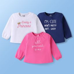 Doodle Poodle 100% Cotton Knit Full Sleeves Tops with Text Print Pack of 3 - Navy Blue White & Pink-image-81
