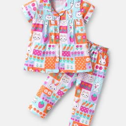 Kookie Kids Single Jersey Knit Half Sleeves Co-ord Night Suit With Floral & Cat Print - Pink & Orange-image-37