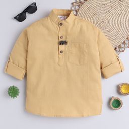 BAATCHEET Cotton Full Sleeves Solid Kurta Style Shirt With Elephant Designed Brooch - Beige-image-85