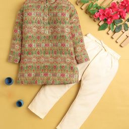Jeet Ethnics Cotton Blend Full Sleeves Ethnic Motifs Designed Kurta Pyjama Set - Green-image-99