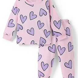 Bonfino 100% Cotton Knit Full Sleeves Co-Ord Night Suit With Heart Print - Pink-image-52