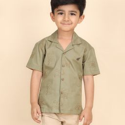 Polka Tots Cotton Woven Half Sleeves Abstract Threadwork Detailed Shirt - Green-image-52