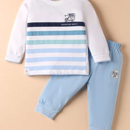Ollypop Sinker Knit Full Sleeves Tshirt with Side Button & Joggers Set with Stripe Design - White & Light Blue-image-6