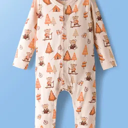 Babyoye 100% Cotton Interlock Knit Full Sleeves Front Open Romper with Teddy Print - Cream-picture-47