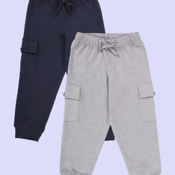 Kiddopanti Pack Of 2 Cotton Fleece Knit Solid Cargo Pocket Detailed Track Pants - Navy Blue & Grey Melange-picture-18