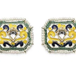 Anouk Silver-Plated Meenakari Pearls Square Studs image 5