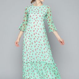 HERE&NOW Sea Green & Pink Floral Chiffon Maxi Dress-image-91