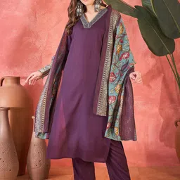 Sangria Embroidered V-Neck Straight Kurta With Trousers & Dupatta-42