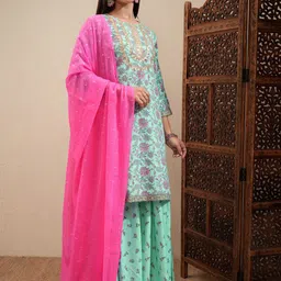 Vishudh Women Floral Printed Regular Thread Work Kurta with Sharara & With Dupatta image 4