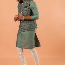 KISAH Mandarin Collar Straight Kurta With Churidar & Woven Design Nehru jacket-57