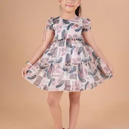 PINK MERMAID Girls Printed Puff Sleeve Fit & Flare Dress-picture-4